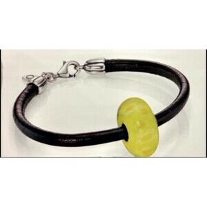 Pandora Yellow Blossom XL Murano Black Leather Bracelet - 7.3” -HTF -New in Pkg.
